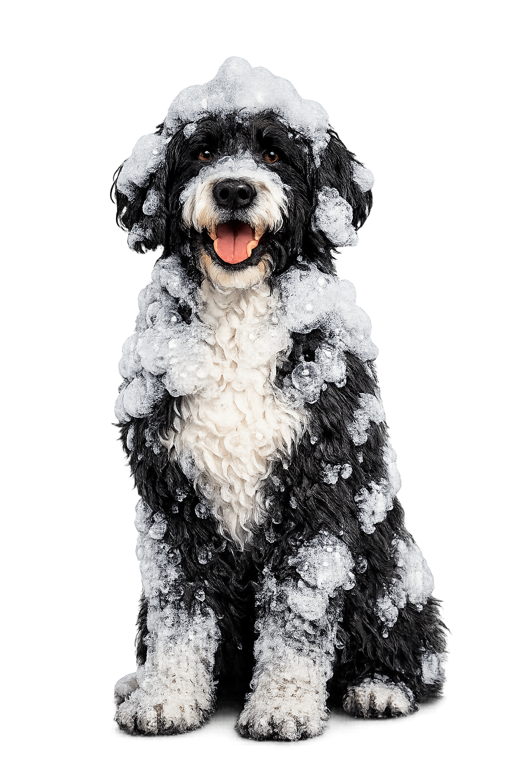 Happy dog covered in soft Thera-Clean micro-bubbles during a spa bath